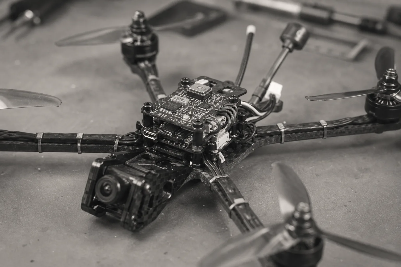 Close-up of a compact quadcopter and its exposed flight-controller electronics