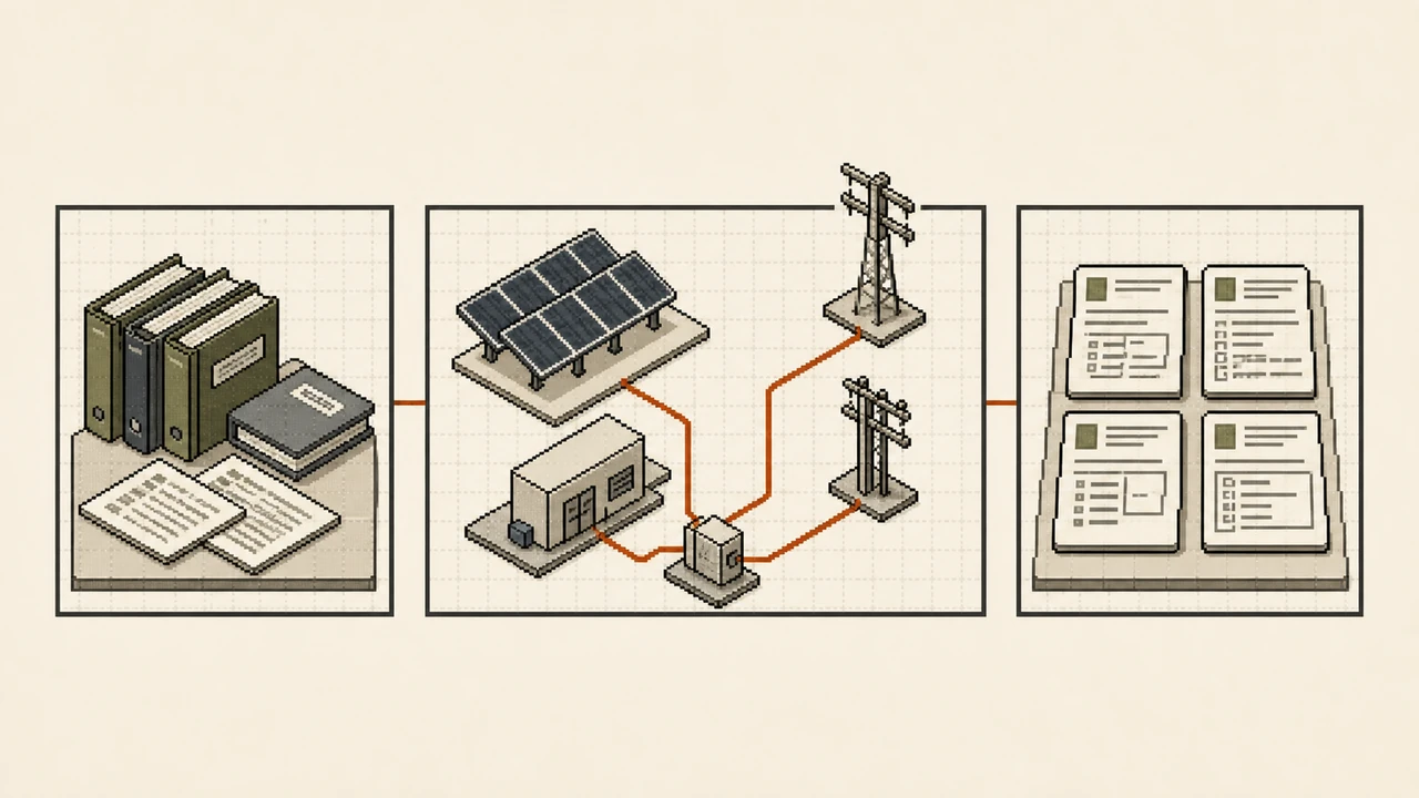 Illustrative low-resolution triptych of a solar grid-connection assessment moving from requirements, through LV and HV connection options, to neutral verification worksheets